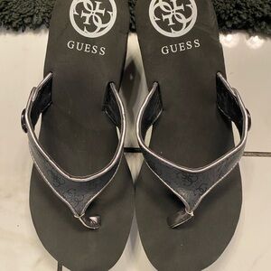Guess Black Logo Thong Sandals with Silver Trim size 9